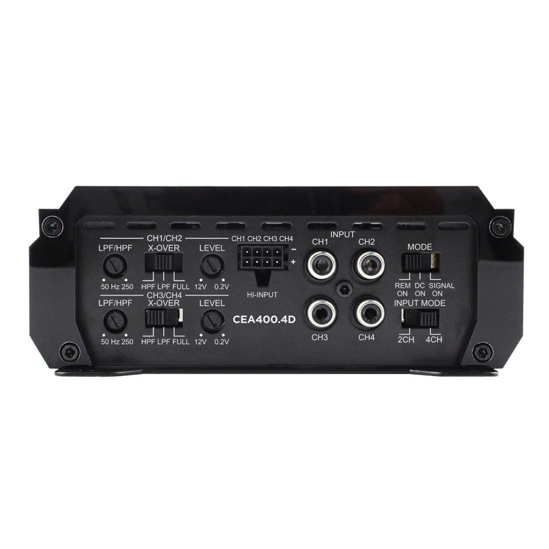 Black audio amplifier with various control knobs and ports on a white background