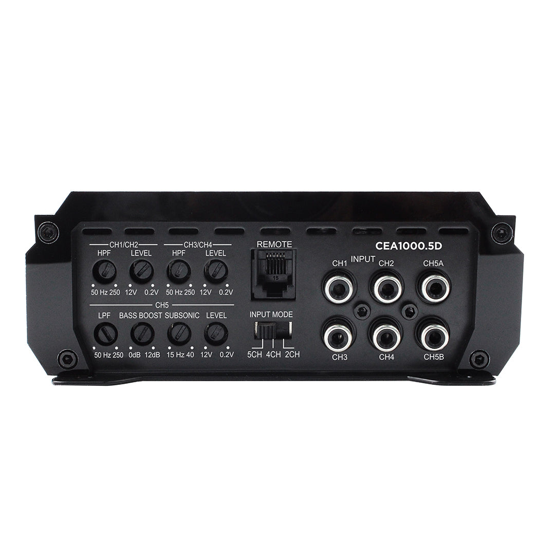 Back panel of a audio amplifier with various control knobs and ports on a white background
