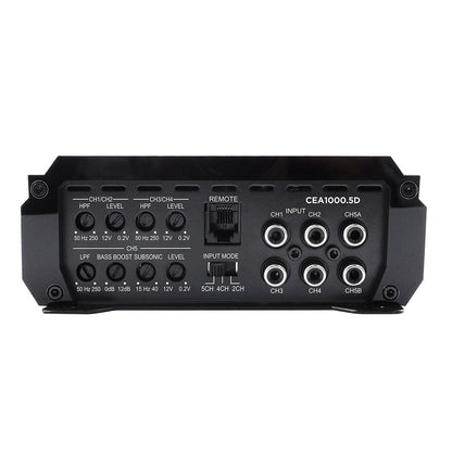 Back panel of a audio amplifier with various control knobs and ports on a white background