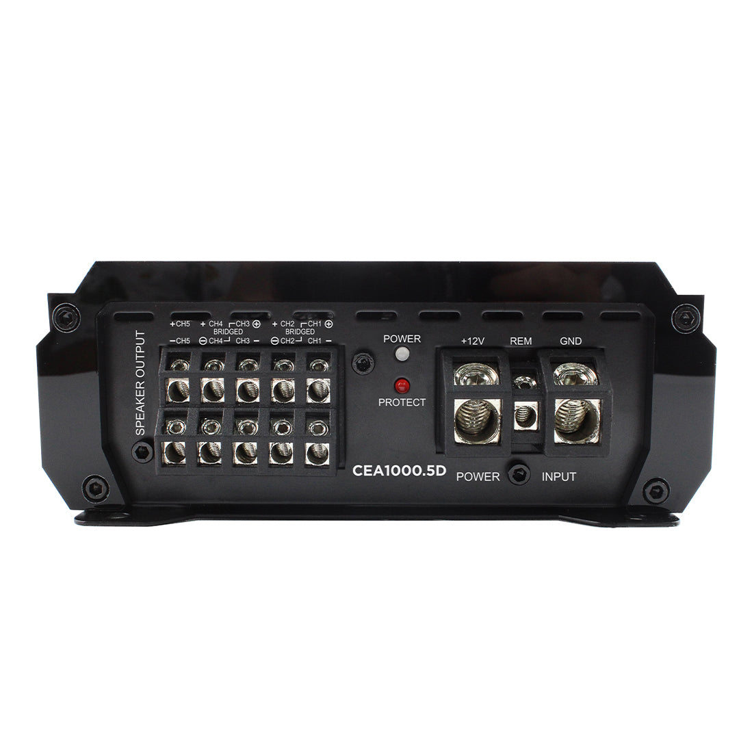 Black audio amplifier with various connectors on a white background