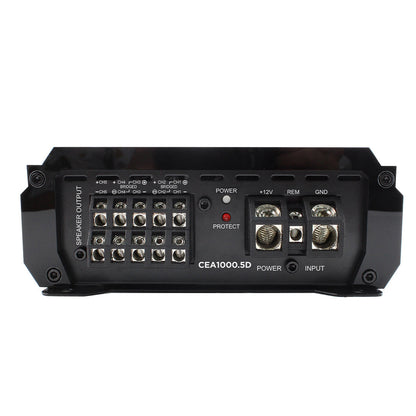 Black audio amplifier with various connectors on a white background