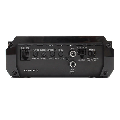 ORION Back view of a black audio amplifier with various control knobs and ports on a white background.