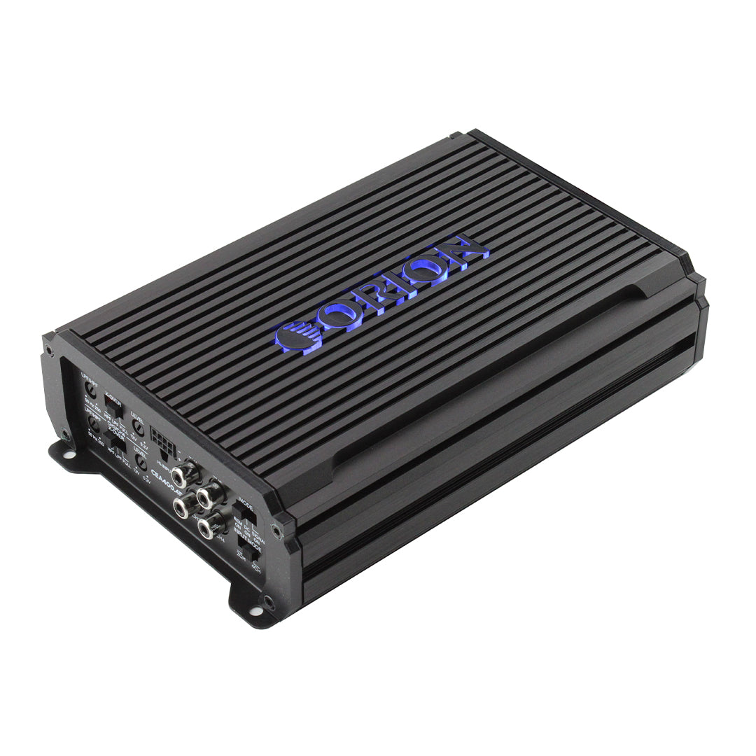 Black audio amplifier with ORION Car Audio brand logo on a white background