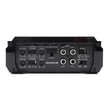 Black audio amplifier with various control knobs and ports on a white background