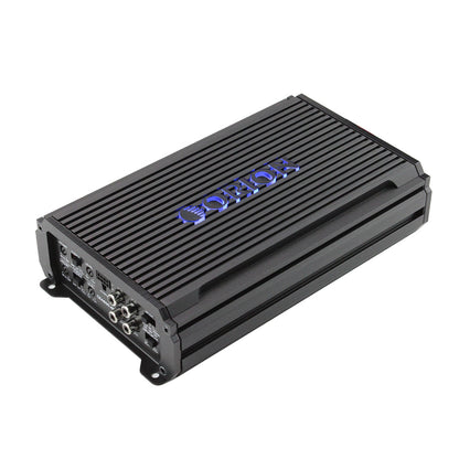 Black audio amplifier with brand logo on a white background
