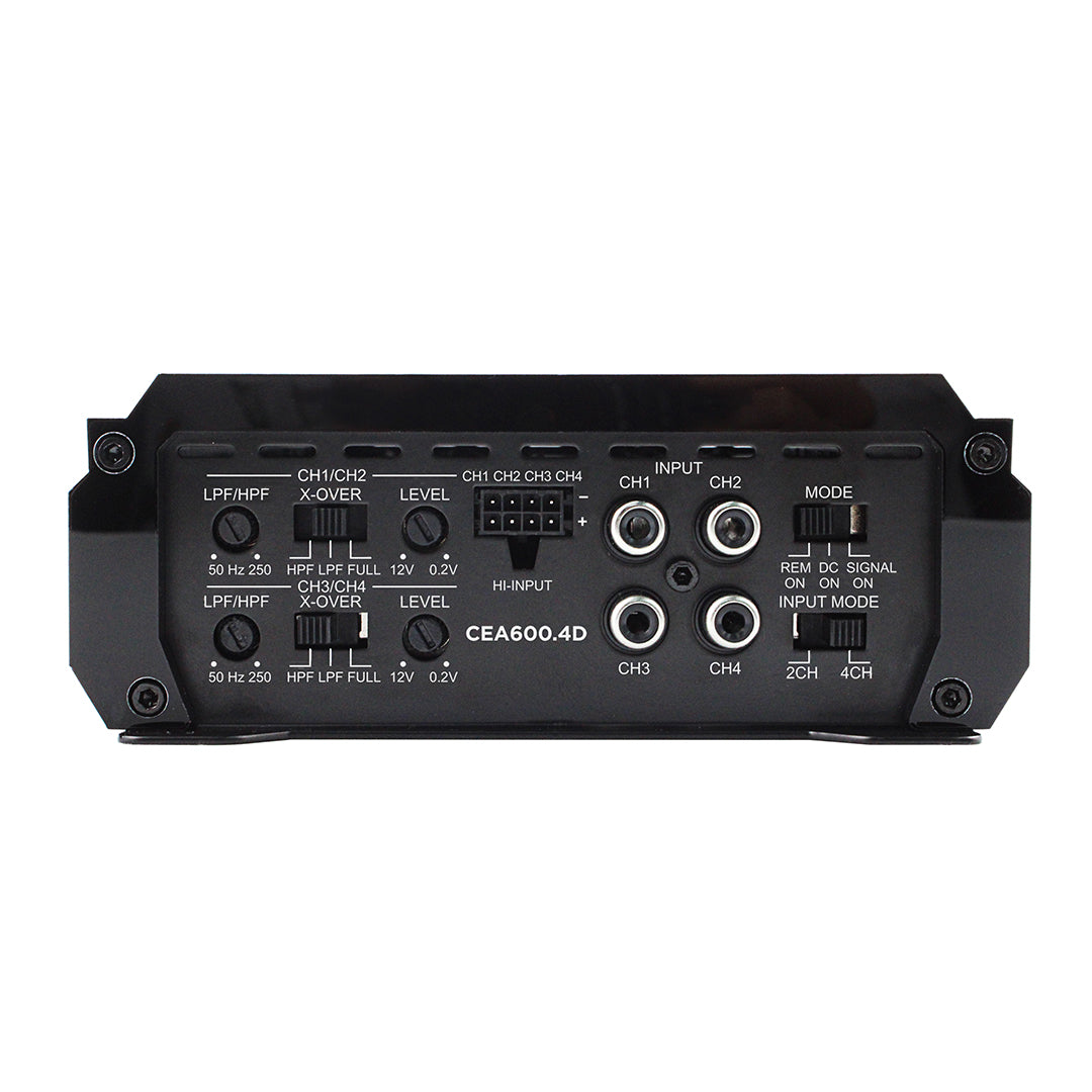 Back panel of a audio amplifier with various control knobs and ports on a white background