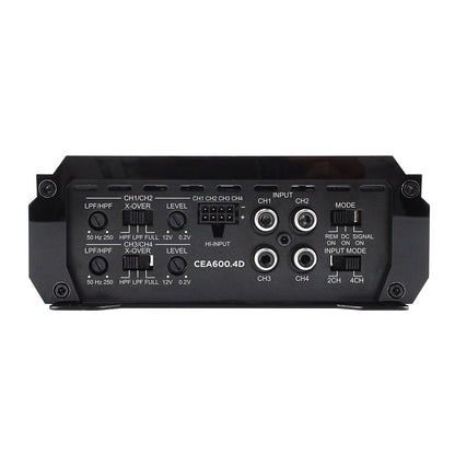 Back panel of a audio amplifier with various control knobs and ports on a white background