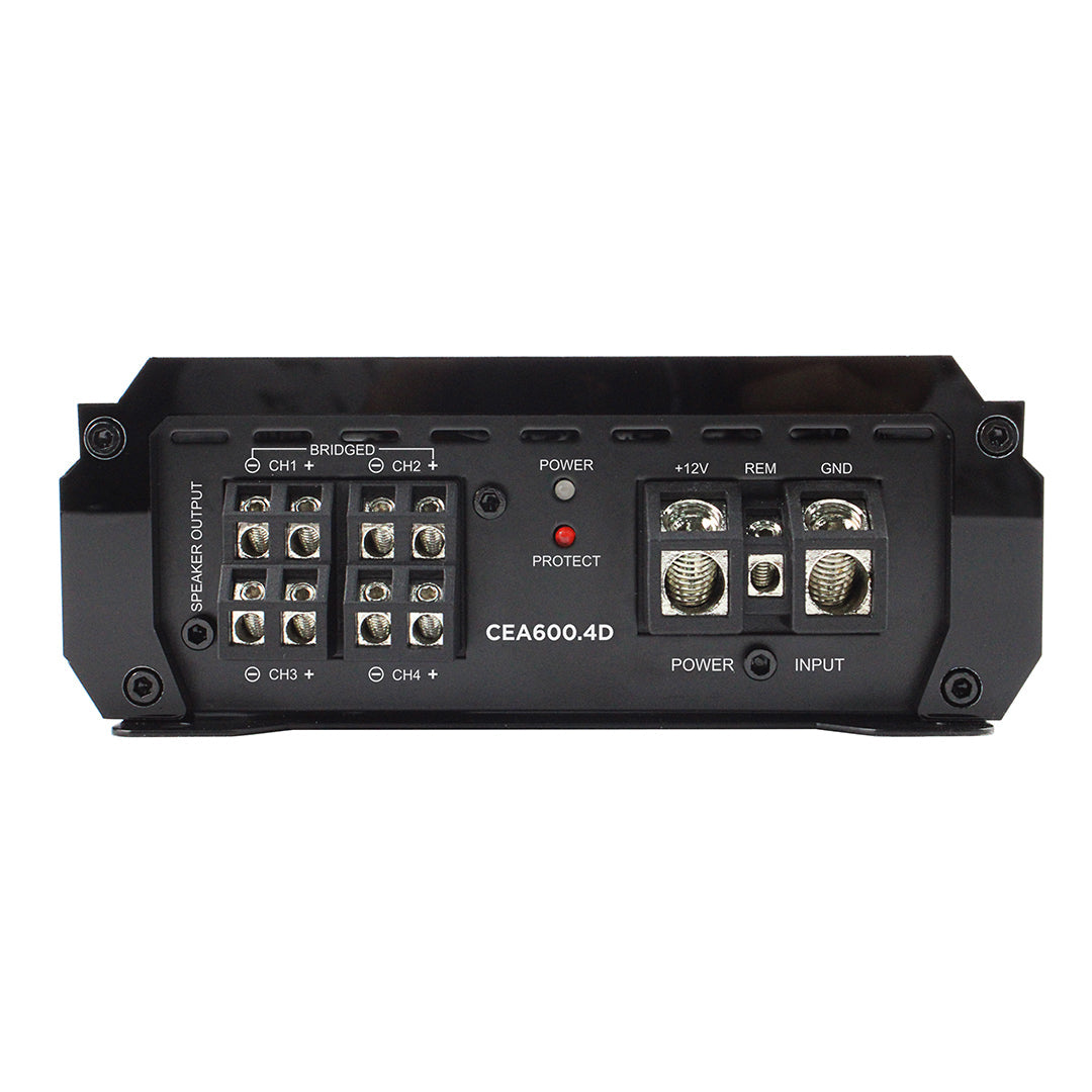 ORION Car Audio Black audio amplifier with various connectors on a white background