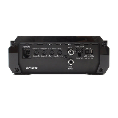 Back view of a black audio amplifier with control buttons and labels on a white background