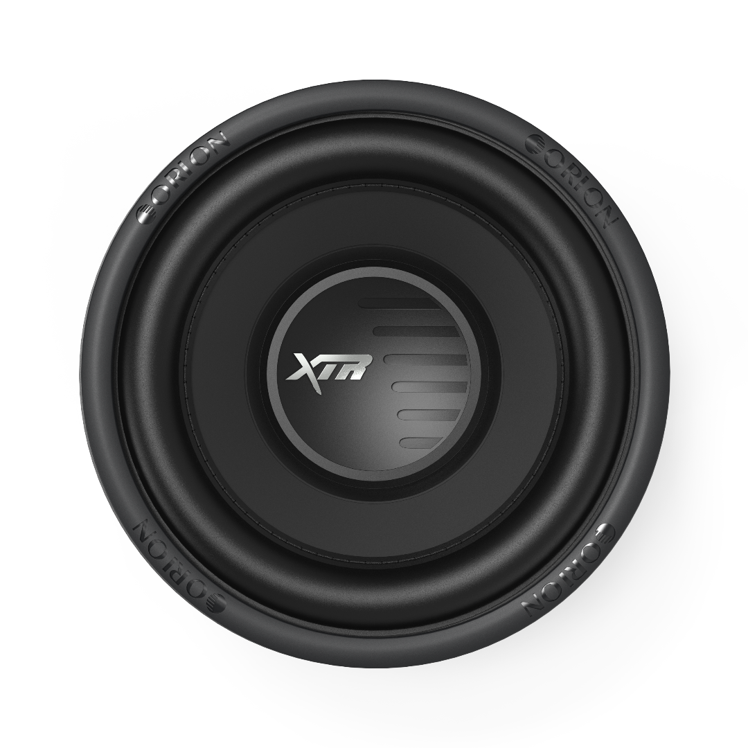Black subwoofer with XTR logo on a white background