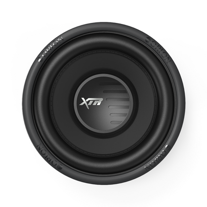 Black subwoofer with XTR logo on a white background