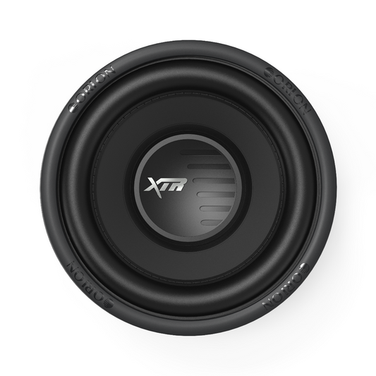Black subwoofer with XTR logo on a white background