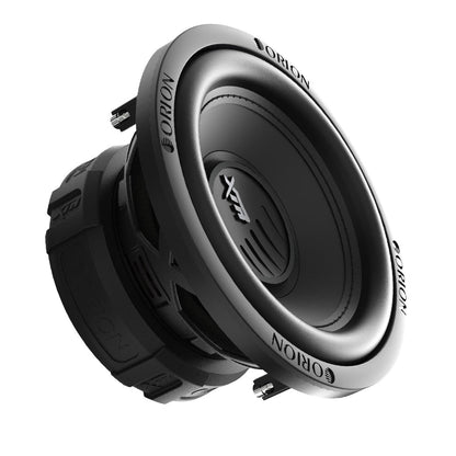 Side angle of Orion 8 inch car subwoofer showing dual 4-ohm terminals and steel basket

