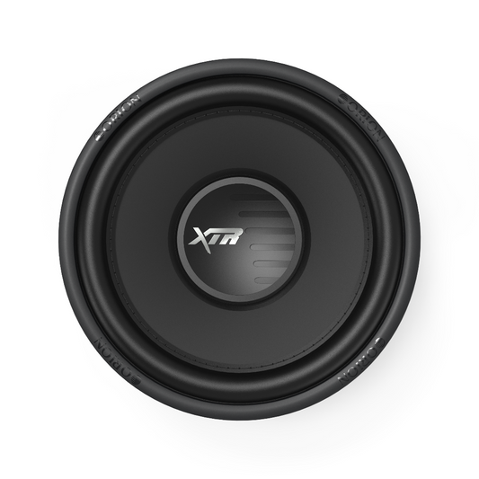 Black subwoofer with XTR logo on a white background